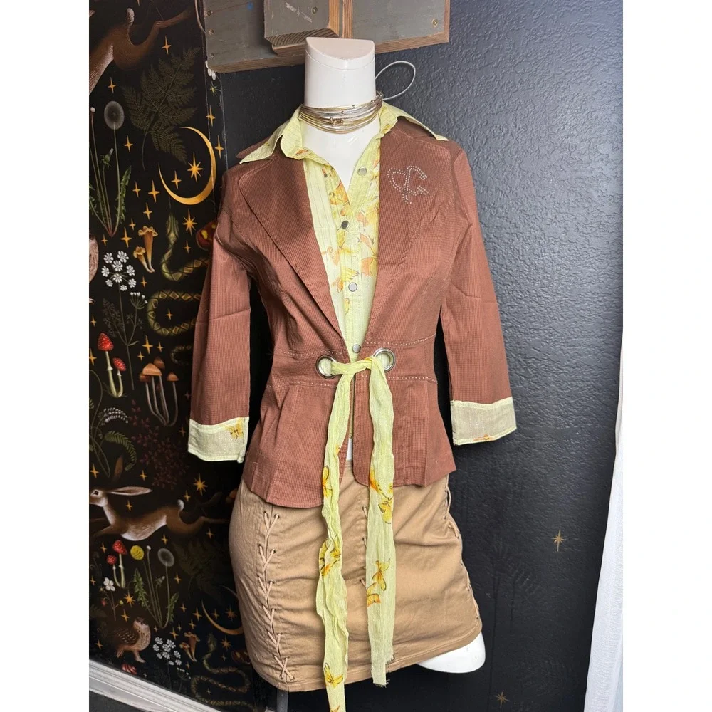 West 36 Brown Cotton Blazer Jacket Floral Collar Rhinestone Heart Size M J104